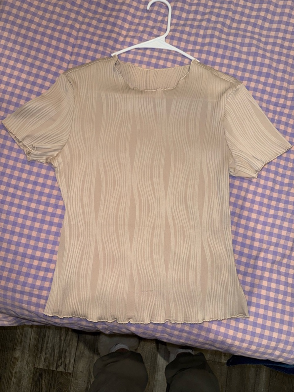 Wavy Texture Short Sleeve Top - Beige